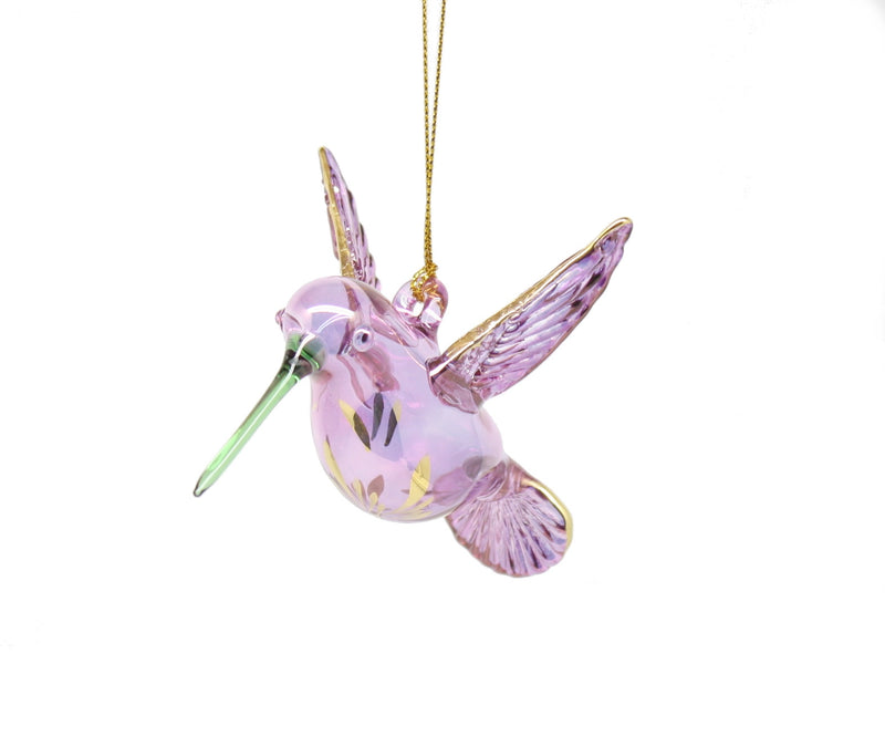Gold Etched Glass Hummingbird Ornament - Purple with Green Beak