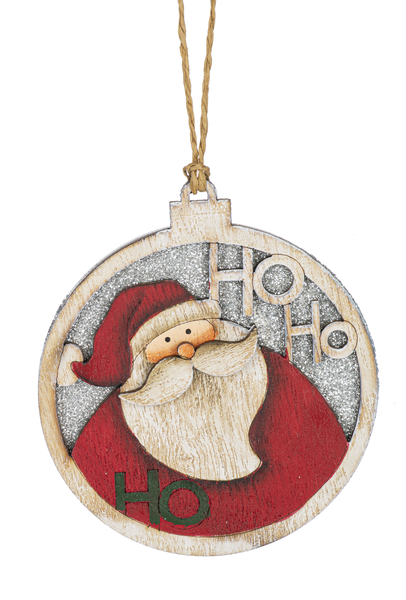 Wooden Circle Glittered Ornament - Santa Ho Ho Ho - The Country Christmas Loft