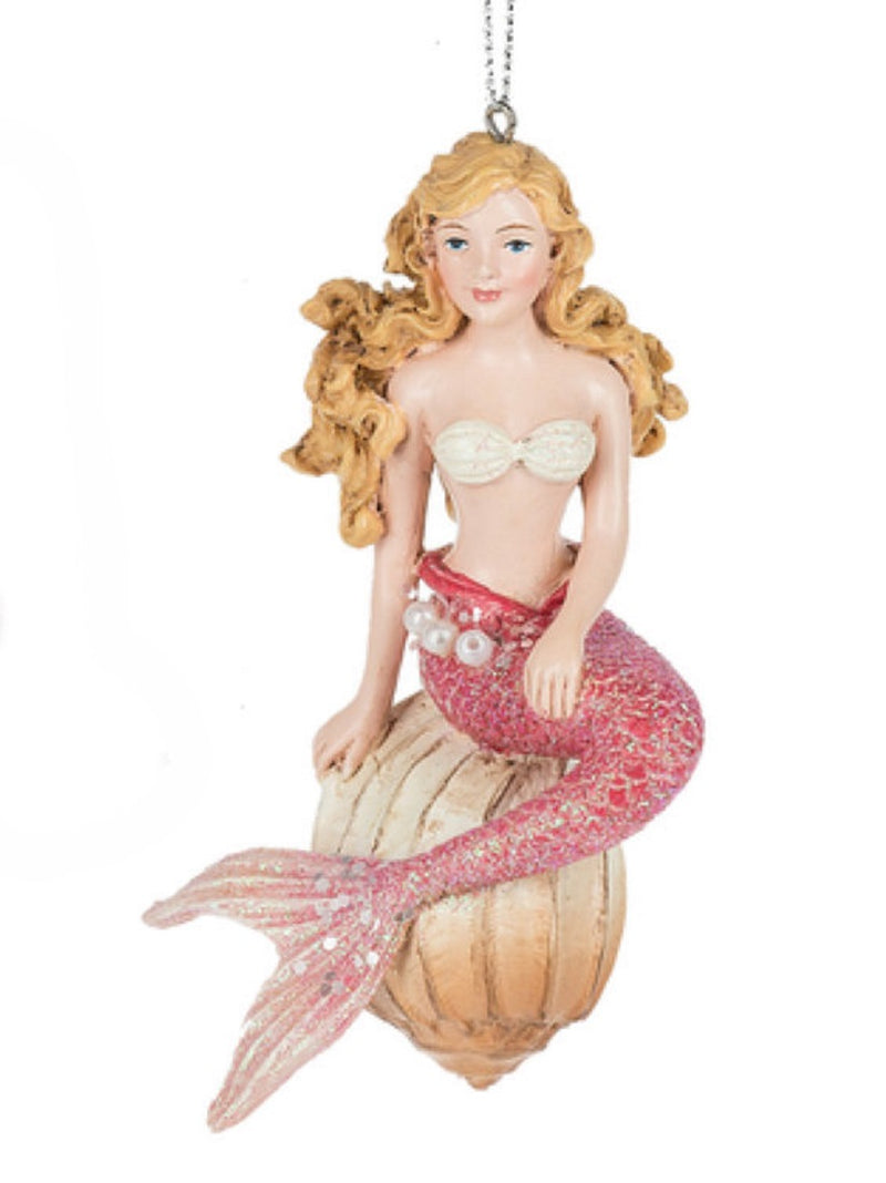 Mermaid on Shell Ornament - Red - The Country Christmas Loft