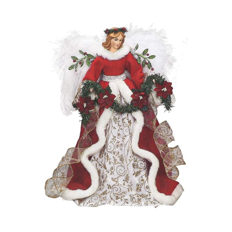 Red Angel With Poinsettia Garland Christmas Tree Topper - The Country Christmas Loft
