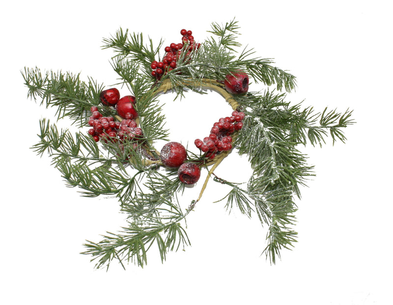 Frosted Faux Fir Branch Candle Ring with Berries - The Country Christmas Loft