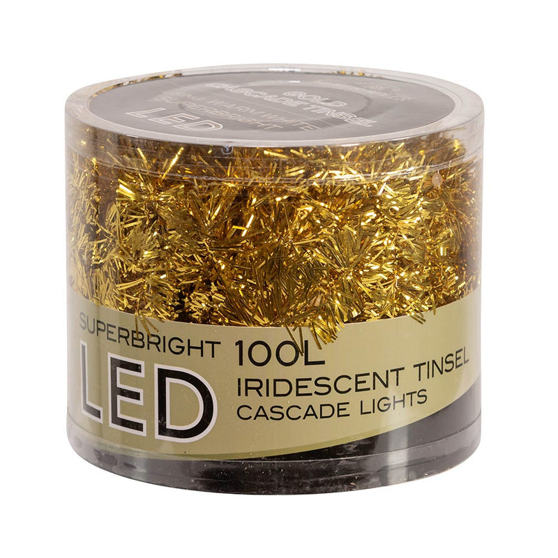 100-Light Gold Iridescent Tinsel With Warm White Superbright LED Cascade Light