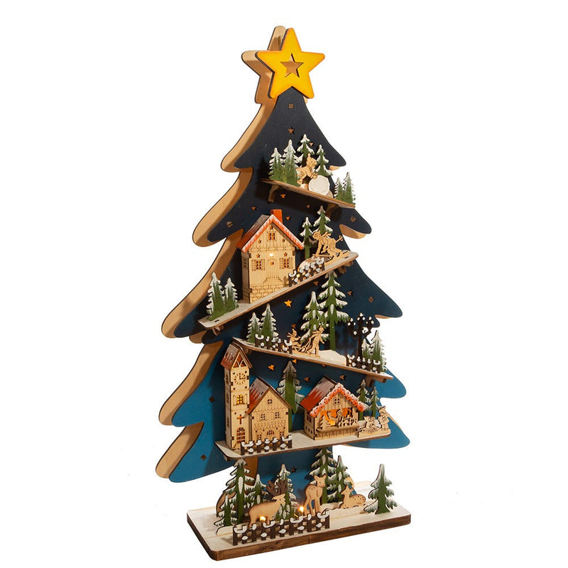 Battery-Operated Light-Up LED Wooden Christmas Tree With Village Scene - The Country Christmas Loft