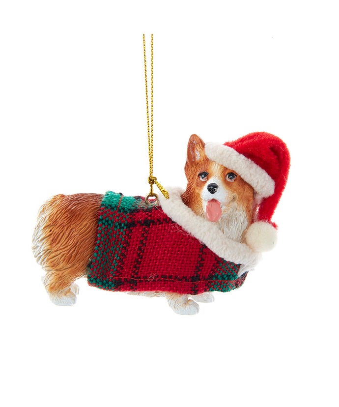 Welsh Corgi With Plaid Coat and Santa Hat Ornament - The Country Christmas Loft