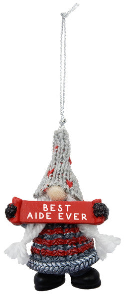 Gnome Holding Sign Ornament - Best Aide Ever - The Country Christmas Loft