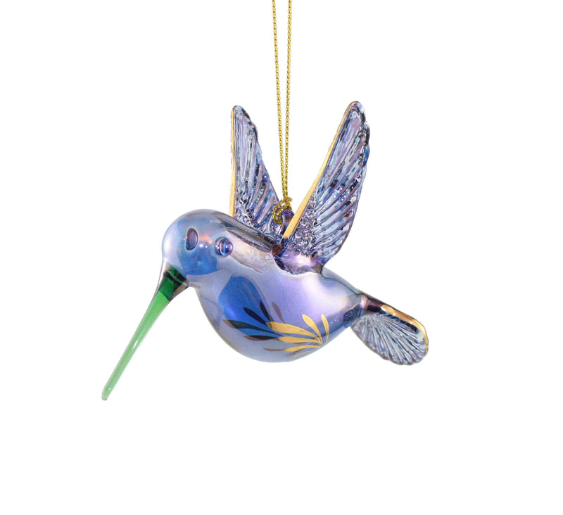 Gold Etched Glass Hummingbird Ornament - Blue