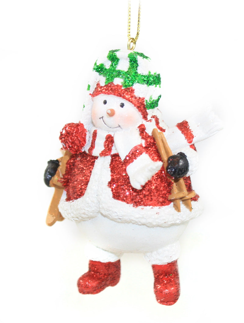 Red/Green Glittered Snowman Ornament - Skis - The Country Christmas Loft