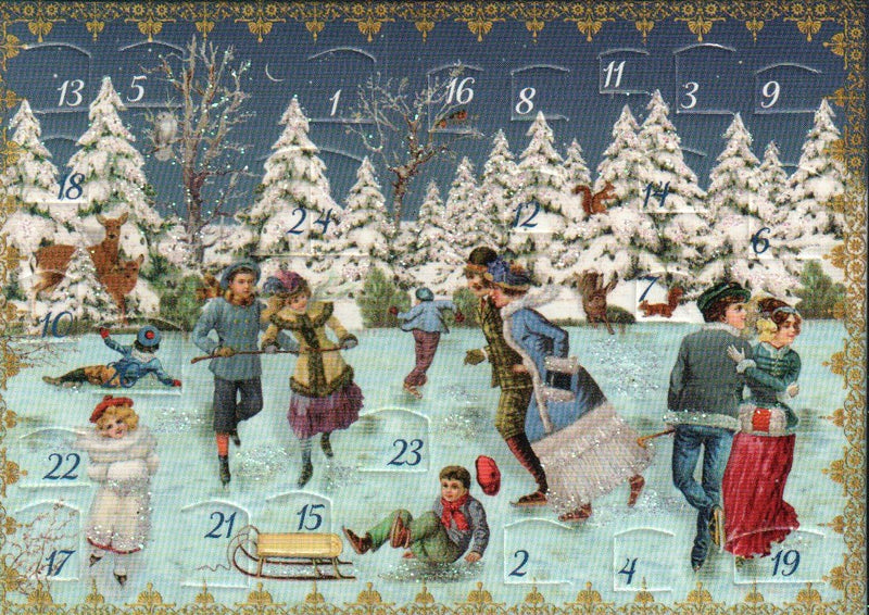 Miniature Victorian Advent Calendar Card - The Skating Pond
