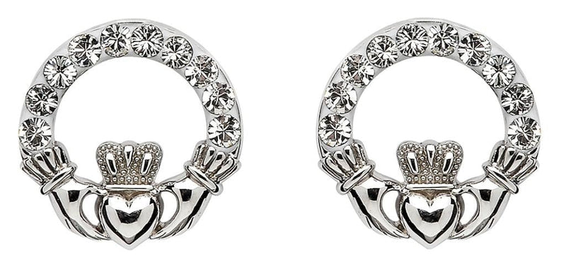 Sterling Silver Claddagh Stud  Earrings Adorned By Swarovski crystals