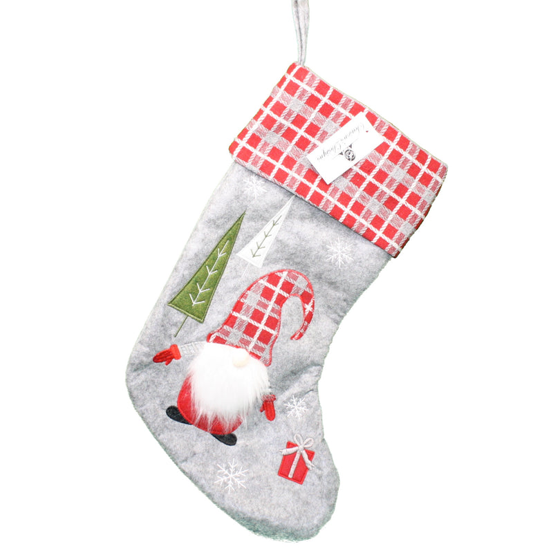 Grey Embroidered Gnome Stocking - 18 Inch