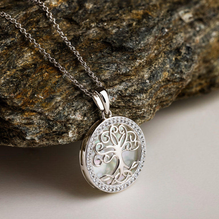 Sterling Silver Mother of Pearl Celtic Tree of Life Medallion Pendant with White Crystals