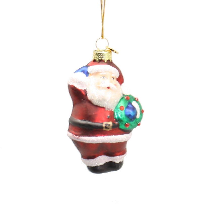 3 Inch Boxed Glass Ornament -  Santa with Wreath - The Country Christmas Loft