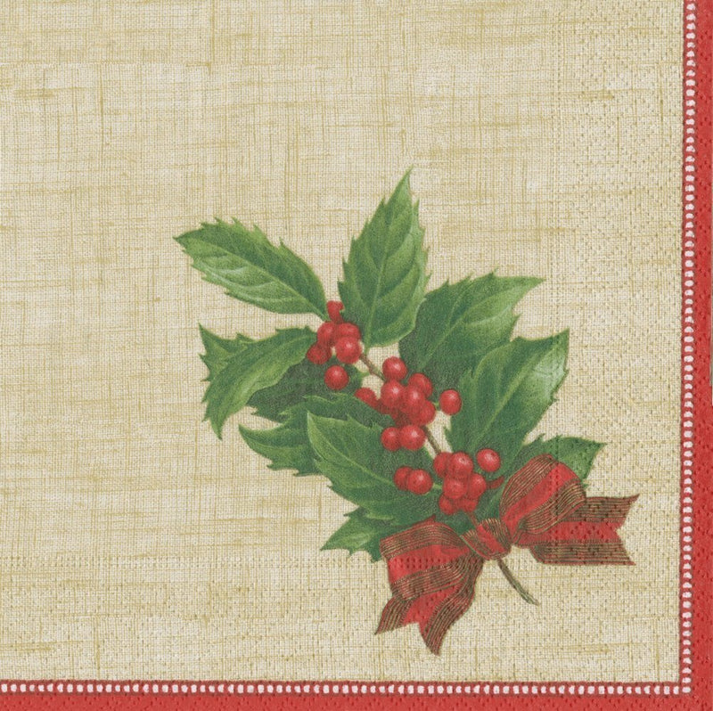 Holly Linen (Gold) - Cocktail Napkin - The Country Christmas Loft