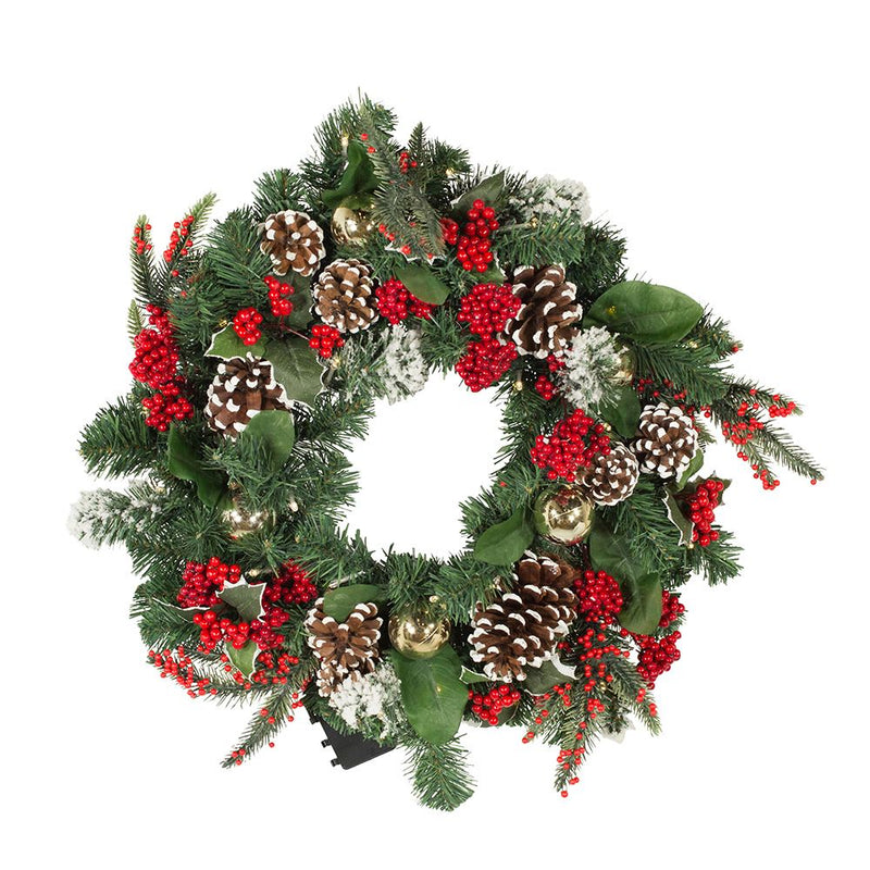 24" Battery-Operated Holly with Berries and Pinecones Pre-Lit LED Wreath - The Country Christmas Loft