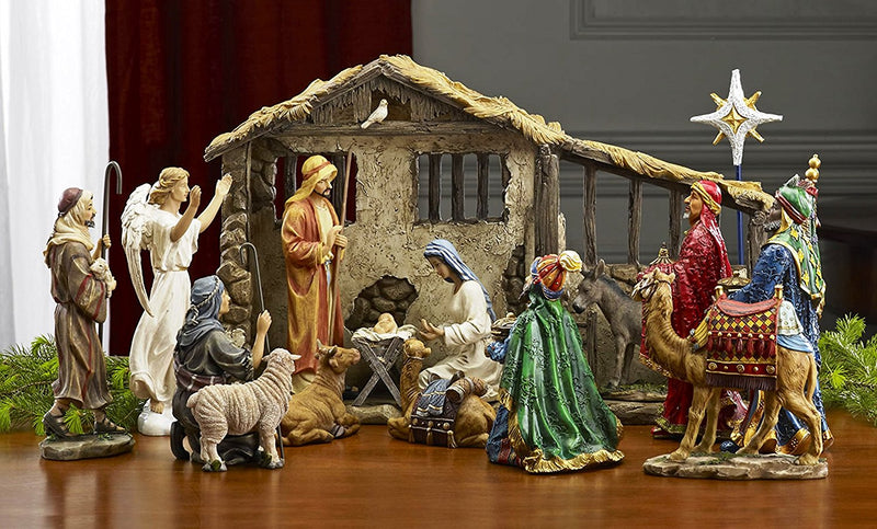 7 Inch Real Life Nativity Set - Includes All People, Lighted Manger, Chest Of Gold, Frankincense & Myrrh - The Country Christmas Loft