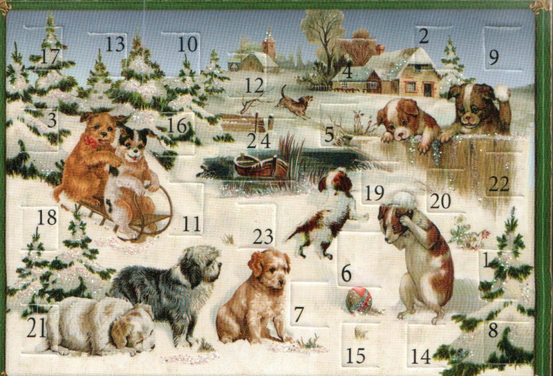 Miniature Victorian Advent Calendar Card - Dogs at Play