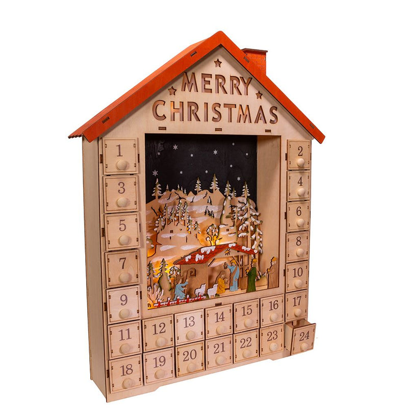 Battery-Operated LED Advent Calendar House With Nativity - The Country Christmas Loft