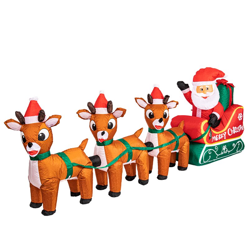8Ft Long Lighted Christmas Santa Claus On Sleigh With 3 Reindeer - The Country Christmas Loft