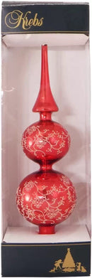 Red 13" Glass Treetopper with Gold Floral Glitterlace - Christmas Red - The Country Christmas Loft