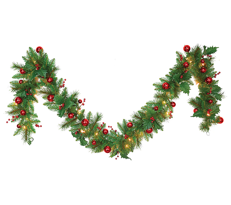 9 Foot Lighted Garland With Red Balls - The Country Christmas Loft