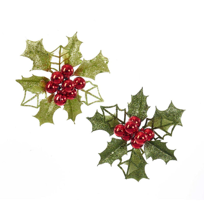 Glitter Holly Leaves With Berry Clip-On Ornament -
