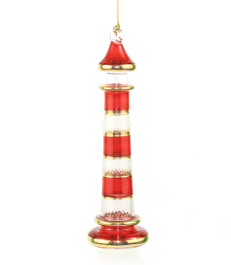 Etched Glass Lighthouse with Gold Rings Ornament - Red