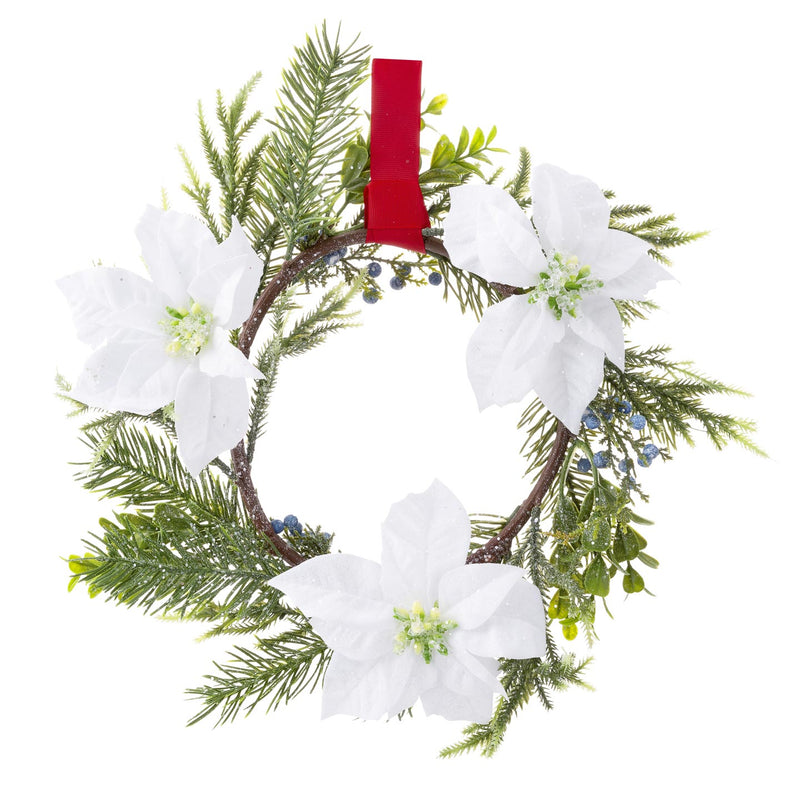 Poinsettia Wreath: Juniper/Boxwood, 14 inches - The Country Christmas Loft