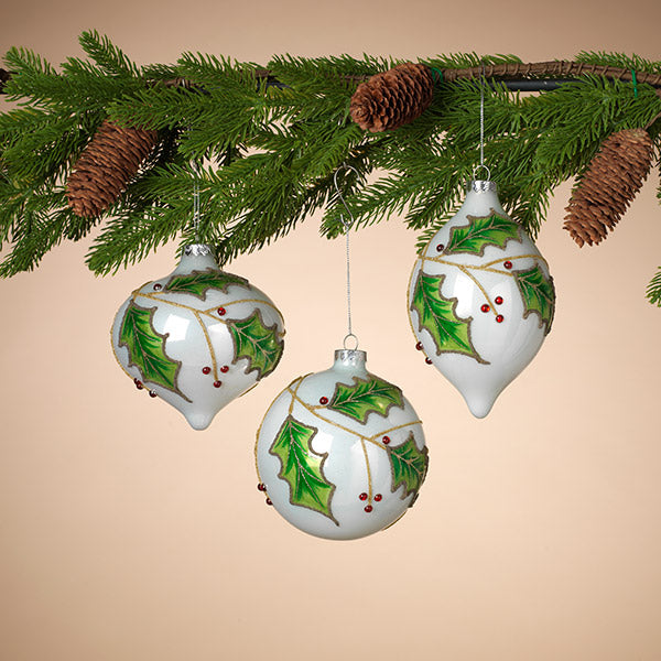 7 Inch Glass Holly Ornament -  Oval - The Country Christmas Loft